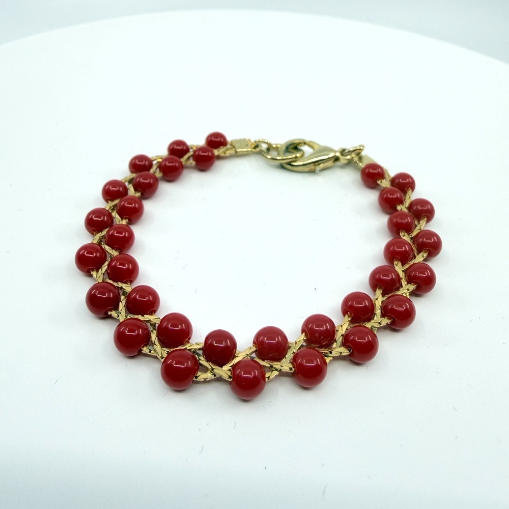 Vintage Retro Bold Red Faux Coral Bead Woven Gold Tone Link Chain Bracelet
